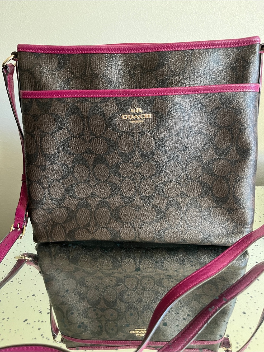 Coach Brown Signature Crossbody with Fuschia Trim